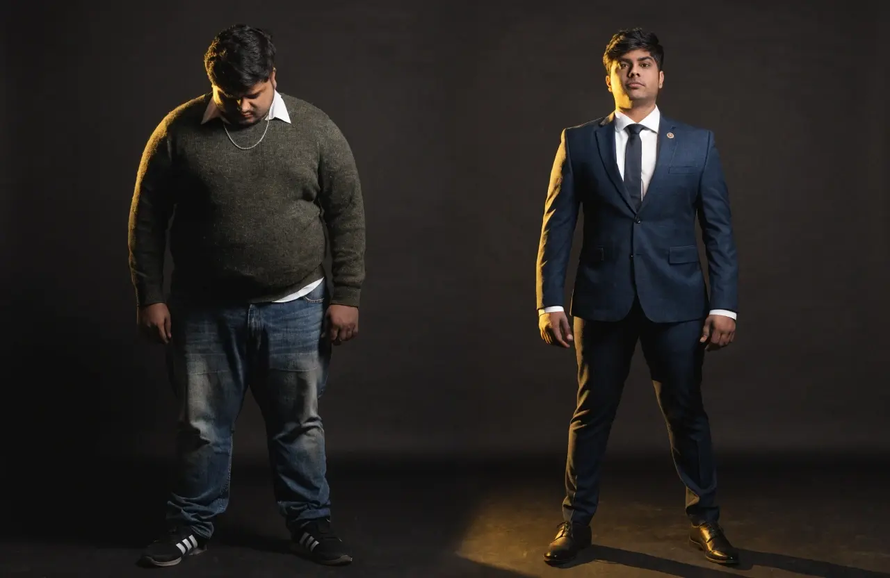 A split screen showing a person's transformation from shadow to light.